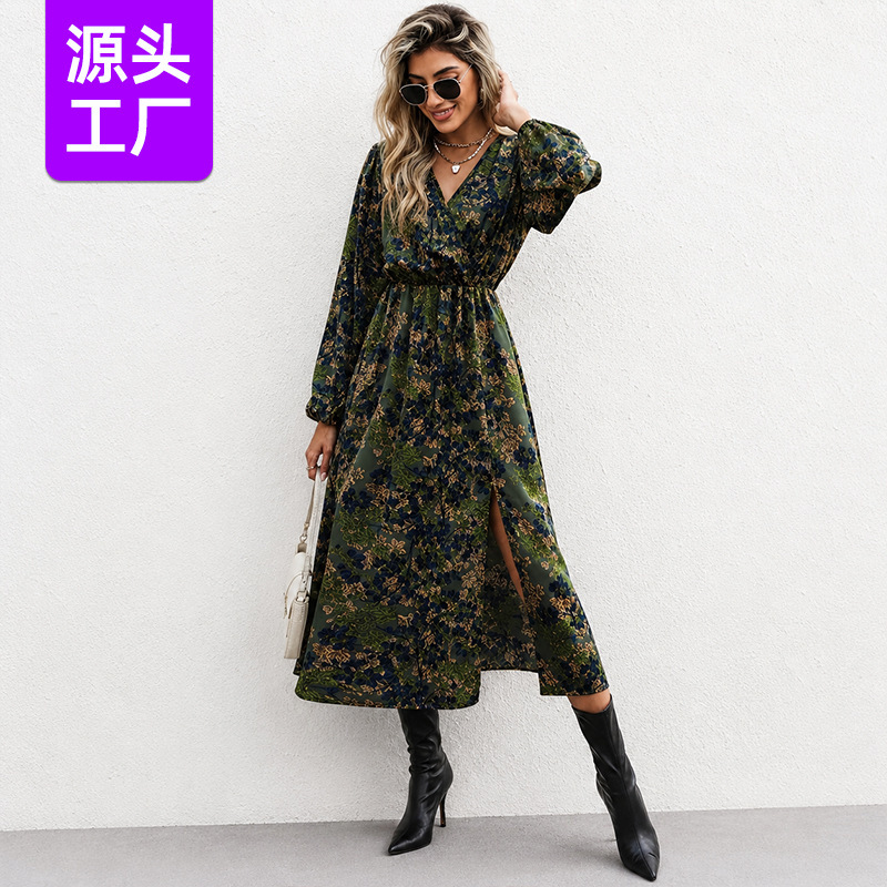 Cross-Border Supply Autumn Floral Print Women's Dress V-Neck Waist-Cinching Slit Long-Sleeve Slimming Mid-Length Dress
