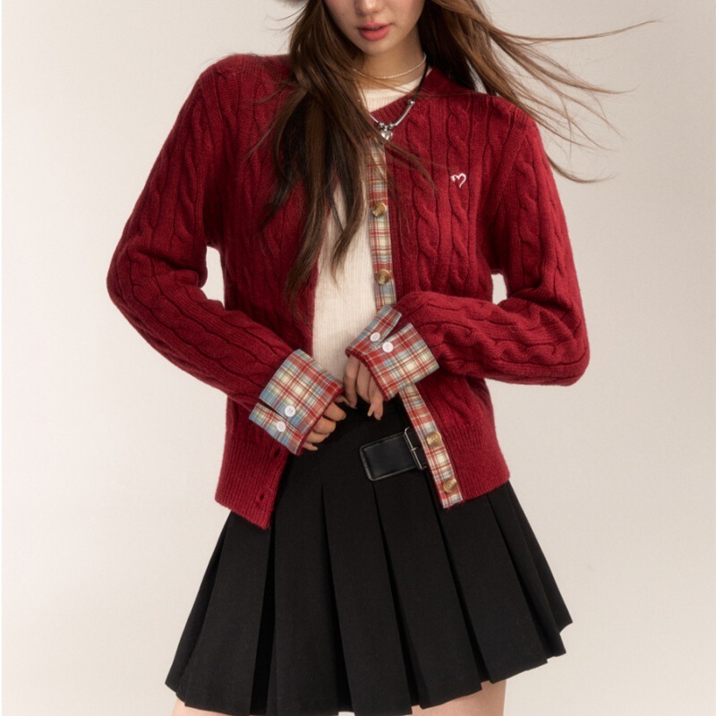 Zhao Jinmai's Same Style Asgony Blended Embroidered Plaid Stitching Retro Red Sweater Women's Preppy Style Knitted Cardigan Trend