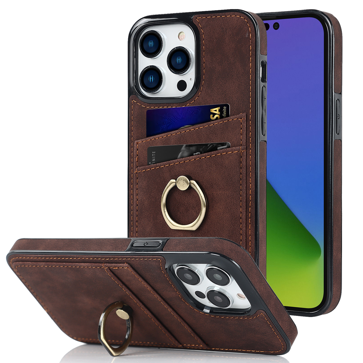 IPhone 14 Pro Card Phone Leather Case Ring Buckle for Apple 14/13 Retro Protective Case