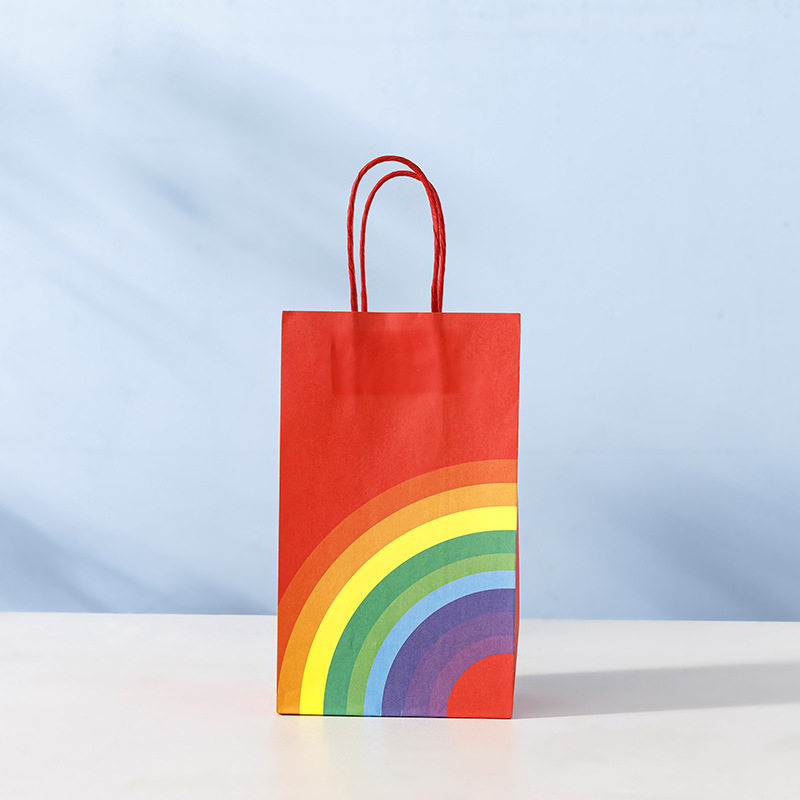 En stock bolsa de arco iris portátil papel Kraft blanco fondo cuadrado bolsa de papel regalo de mano bolsa de regalo de vacaciones logotipo imprimible