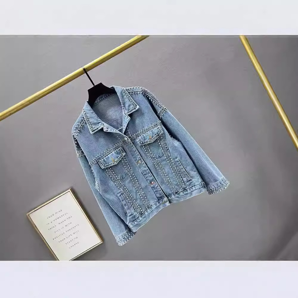 Giacca in denim oversize da donna con decorazioni di perline e diamanti – Cappotto in jeans blu vintage dalla vestibilità ampia per uno stile casual e boho_voghion.com