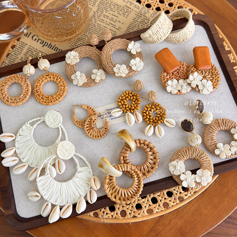 Resort-Style Handmade Straw Earrings, Seaside Beach Vibe Rattan Earrings, Niche Bohemian Style Ear Accessories