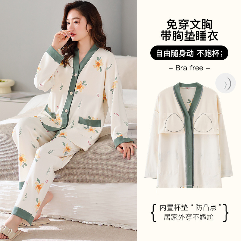 Pajamas Women's Spring and Autumn with Chest Pad Winter Cotton Long-Sleeved Cardigan Kimono Tulip Home Clothes Women's Two-Piece Set
