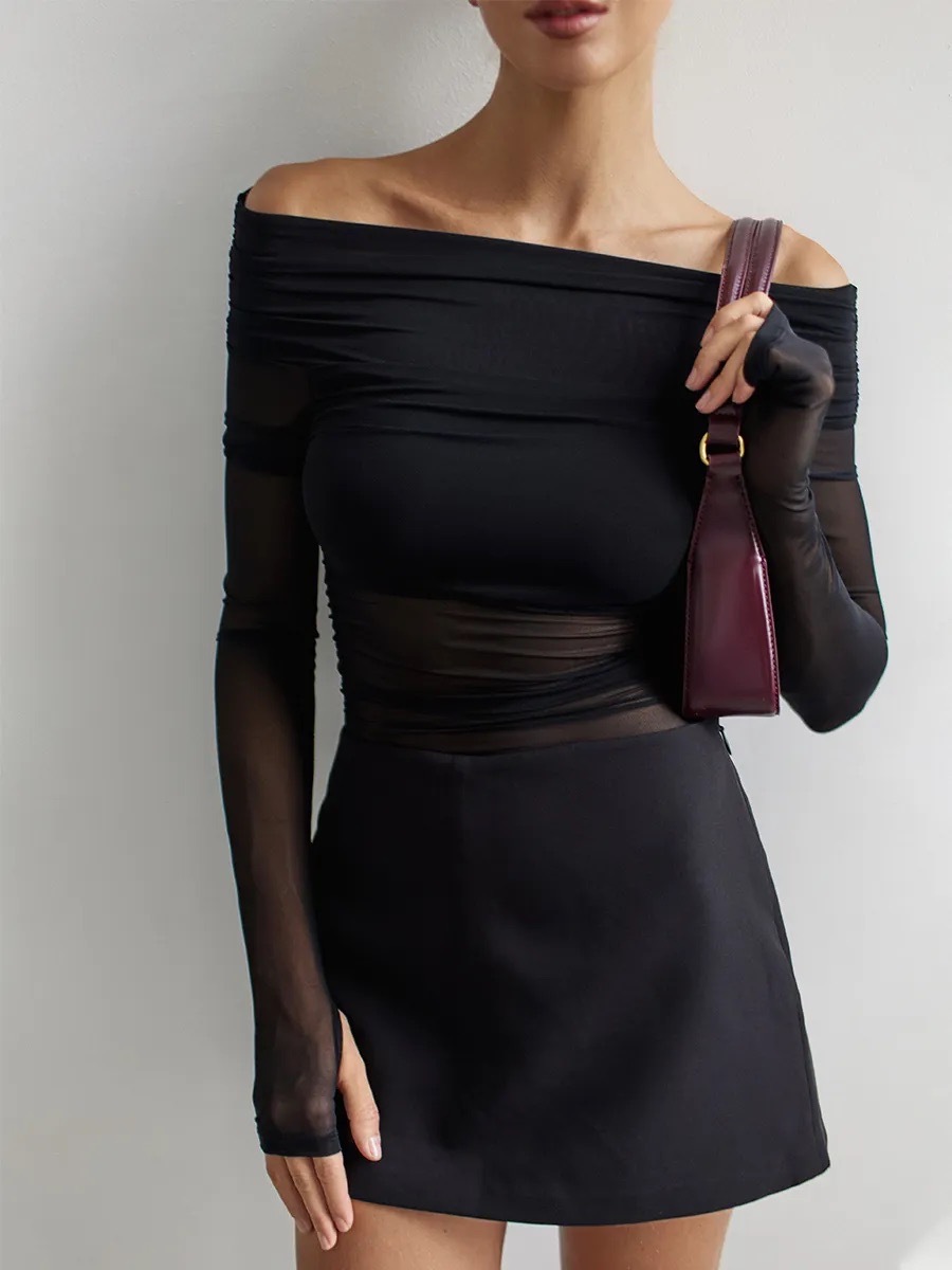 Damen Ein-schulter-netzoberteil Langarm Slim Fit Elegant Sommer_voghion.com
