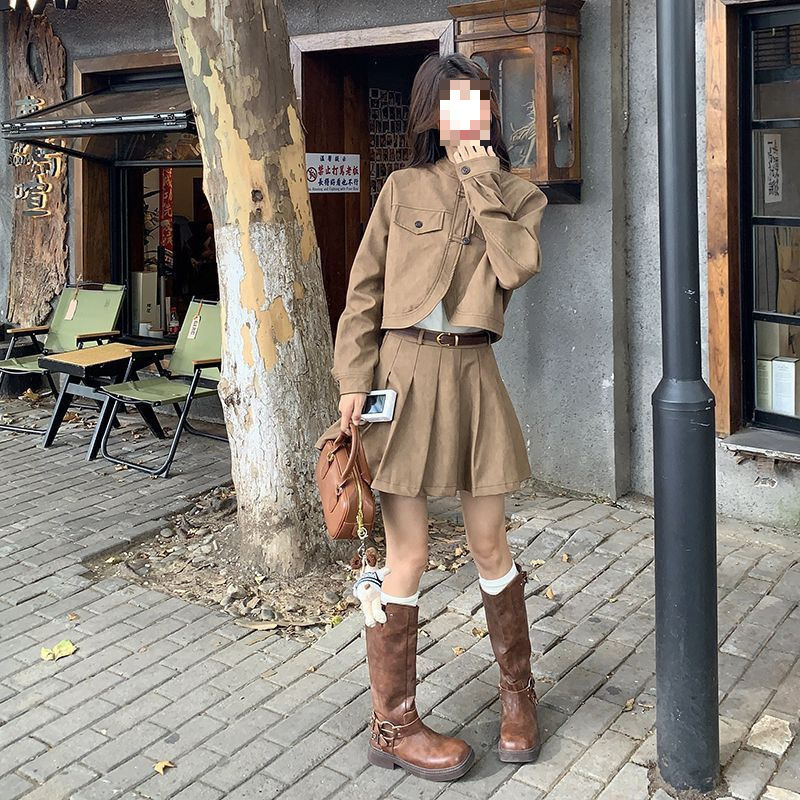 韩版复古咖色连衣裙套装女2025秋新款高级感小个子洋气减龄两件套|undefined