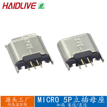 MICRO 5PIN立插USB母座180度立式直插加高迈克卷边/直边尾插H=6.6