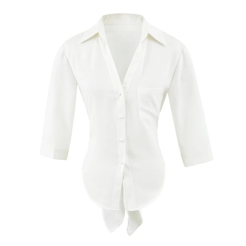 Elegant European and American Style Linen Shirt with Exposed Waist and Tie, Summer Hot Girl Style, Turn-Down Collar, Single-Breasted, Slim Fit, Waist-Cinching Shirt