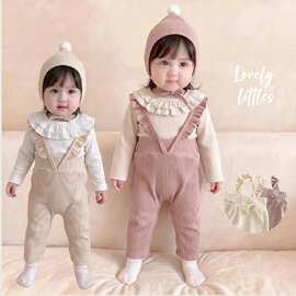 童装秋季新品2026坑条背带裤婴幼儿女宝宝甜美花边纯色百搭小脚裤