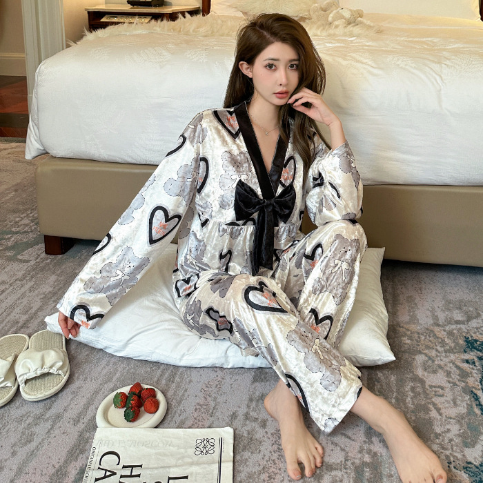 Popular online popular oro terciopelo pijamas de las mujeres oro diamante arco Otoño e Invierno manga larga luz lujo dulce hogar desgaste traje