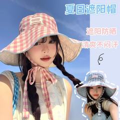 広い縁のストラップの格子の両面の漁師の帽子の女性の韓国版のinsの夏の大きいつばの百合の日焼け止めの日よけの帽子の盆の帽子