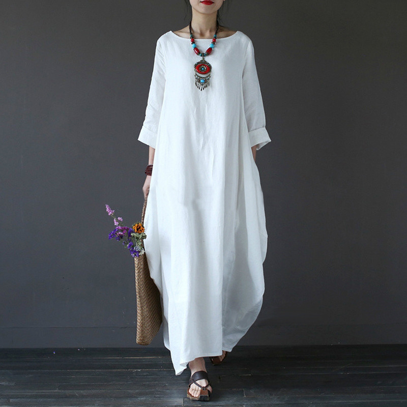 Plus Size Solid Color Loose Cotton And Linen Dress NSYF116835