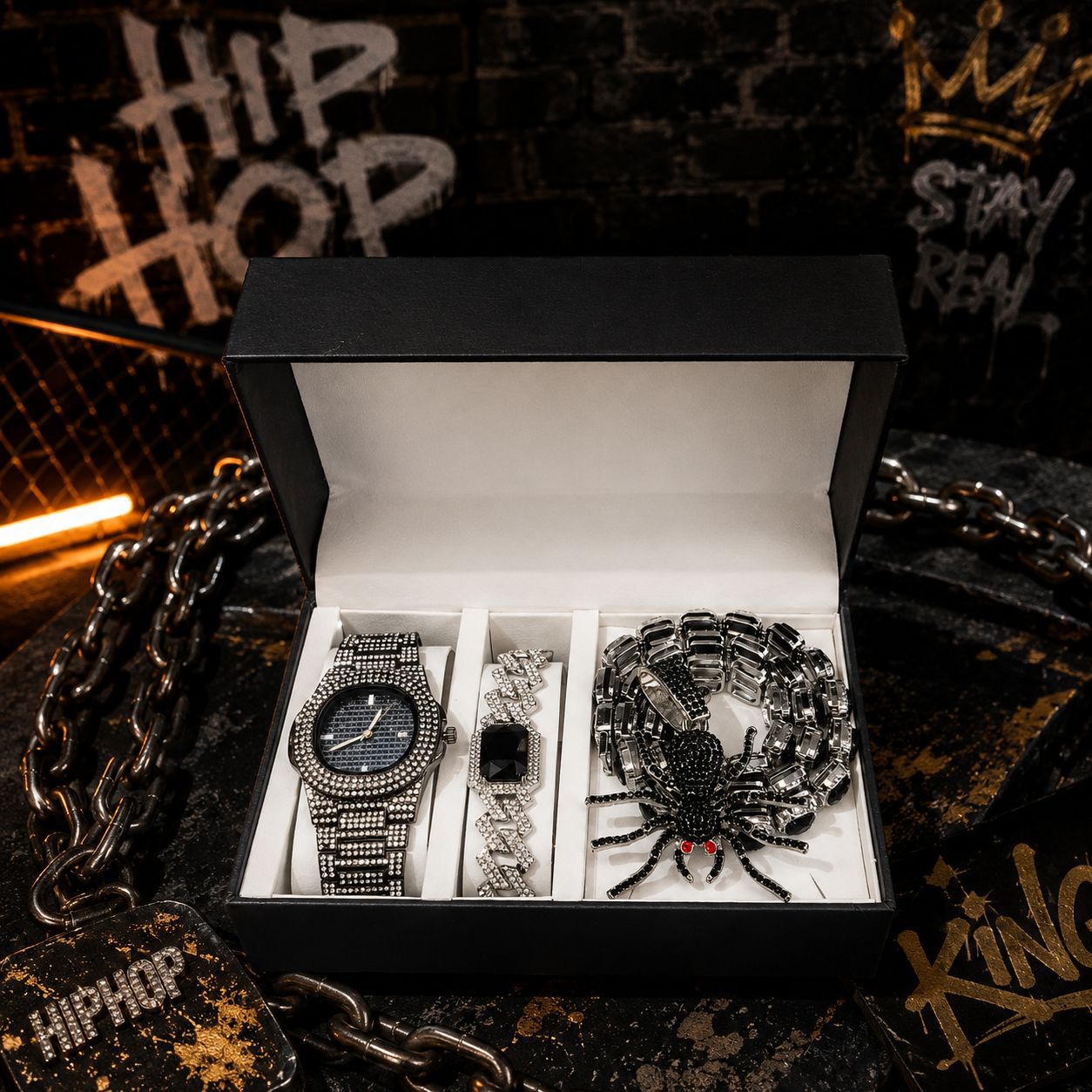 Europa y América hip hop diamantes reloj romano azúcar cubano color collar pulsera colgante araña conjunto de caja de regalo de alto nivel