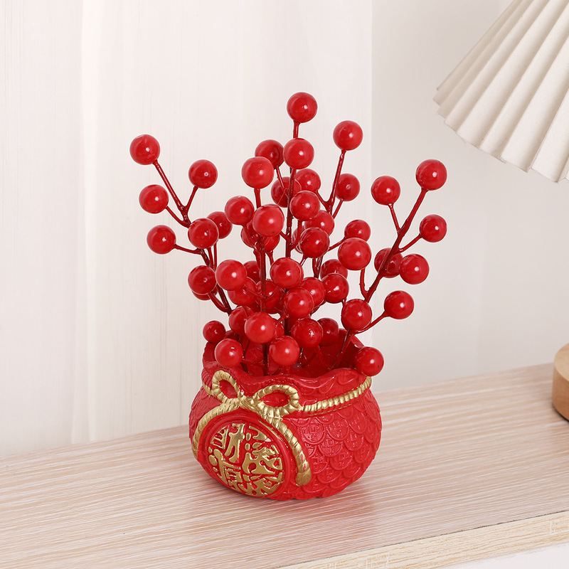 創意的なお祝いの福袋の花瓶のお正月の花のシミュレーションの花の金持ちになるザクロの果実の置物の新春の家の装飾の抱っこの桶|undefined