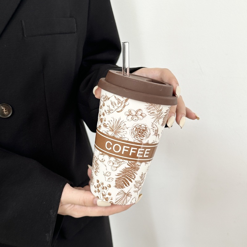 セラミックカップ高颜値夏ストローカップ女子デザイン感コップ家庭用マグカップオフィスコーヒーカップ|undefined