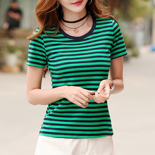夏季绿色条纹短袖修身T恤女2022韩版新款圆领上衣女装小衫批发棉