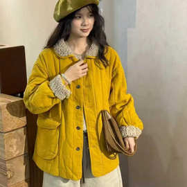 大口袋中长款复古砂洗汉麻加厚棉衣外套女绗线夹棉棉服保暖棉袄冬