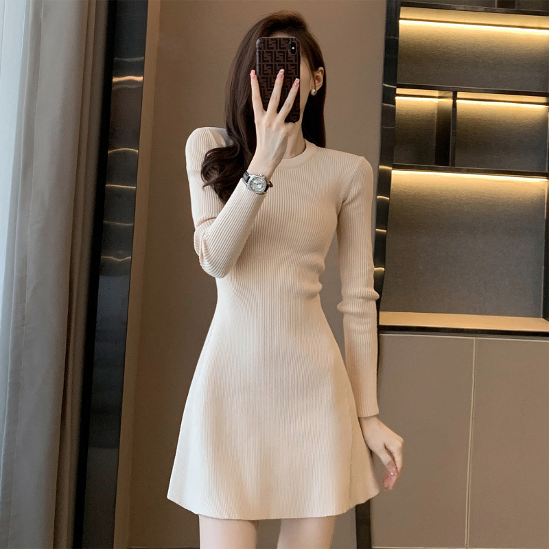 6843法式小香风名媛淑女纯色荷叶摆针织裙秋冬洋气显瘦打底连衣裙|undefined