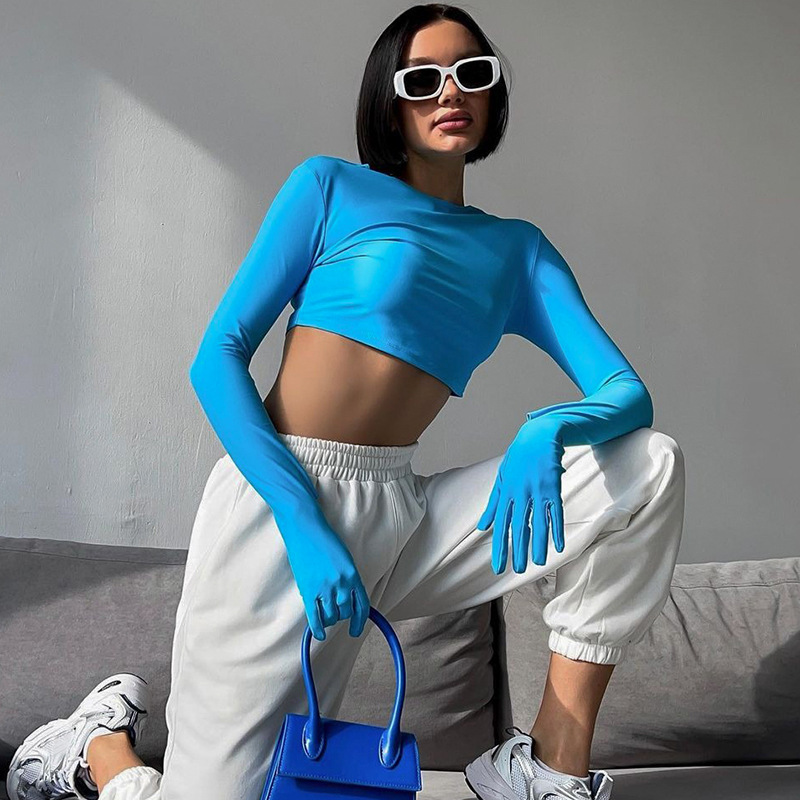 Damen 2024 Sommer Neue Mode Einfarbig Slim Fit Offene Nabelschnur Rundhals Langarm Handschuh T-Shirt Top_voghion.com