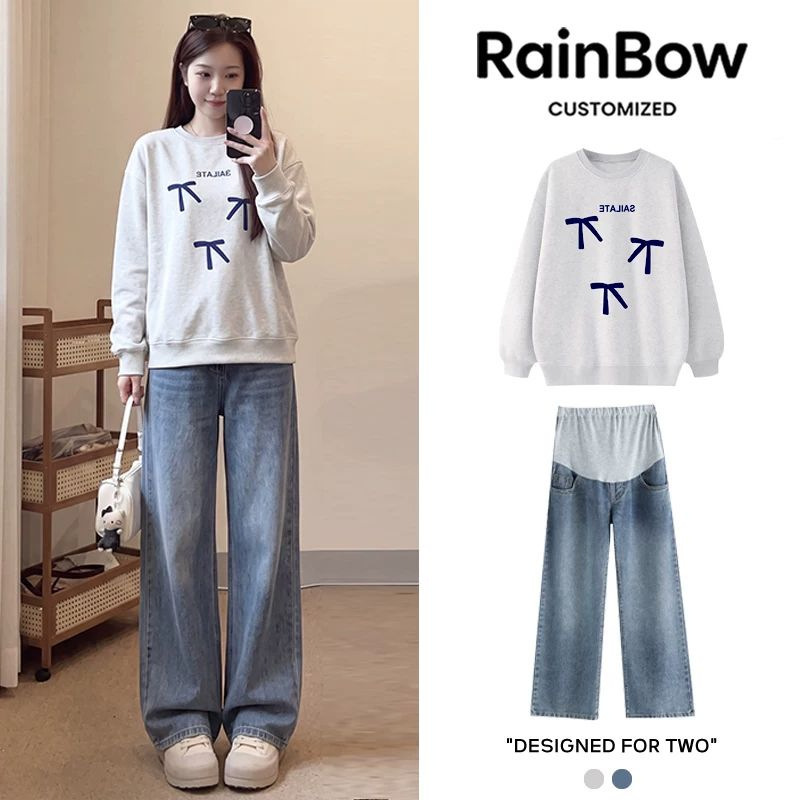 Maternity wear Korean style bow print round neck sweatshirt set, loose white and gray fashion long-sleeve top for spring and autumn Maternity wear Korean style bow print round neck sweatshirt set, loose white and gray fashion long-sleeve top for spring and autumn
