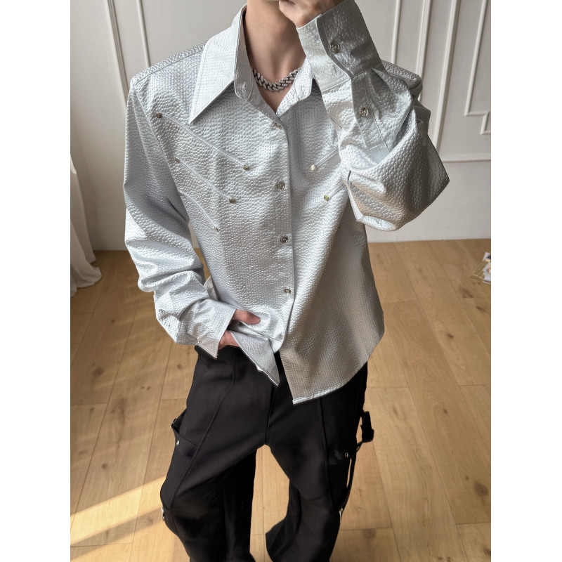 In Stock 26 Metallic Liquid Glossy Textured Deconstructed Slim-Fit Nightclub Shirt Cs277-P108 In Stock 26 Metallic Liquid Glossy Textured Deconstructed Slim-Fit Nightclub Shirt Cs277-P108