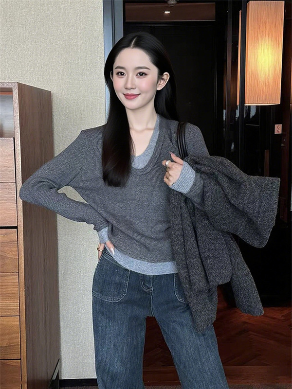 跨境批发东南亚秋冬v领假两件软糯长袖针织衫女修身内搭打底上衣|undefined