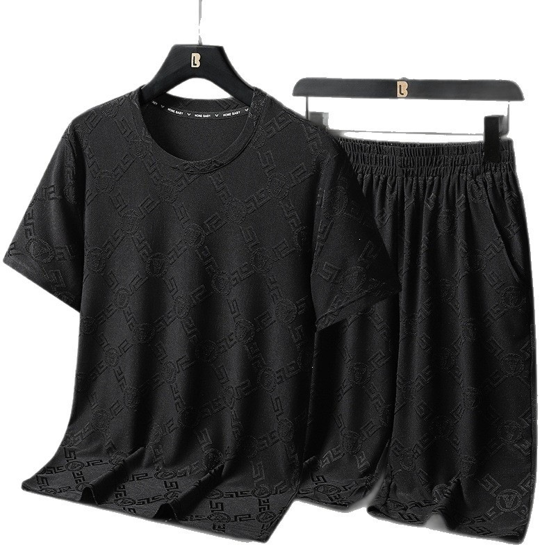 Jacquard de dos piezas pijamas de hombre verano nuevo transpirable secado rápido pantalones cortos de manga corta de mediana edad juvenil traje delgado para hombres para correr