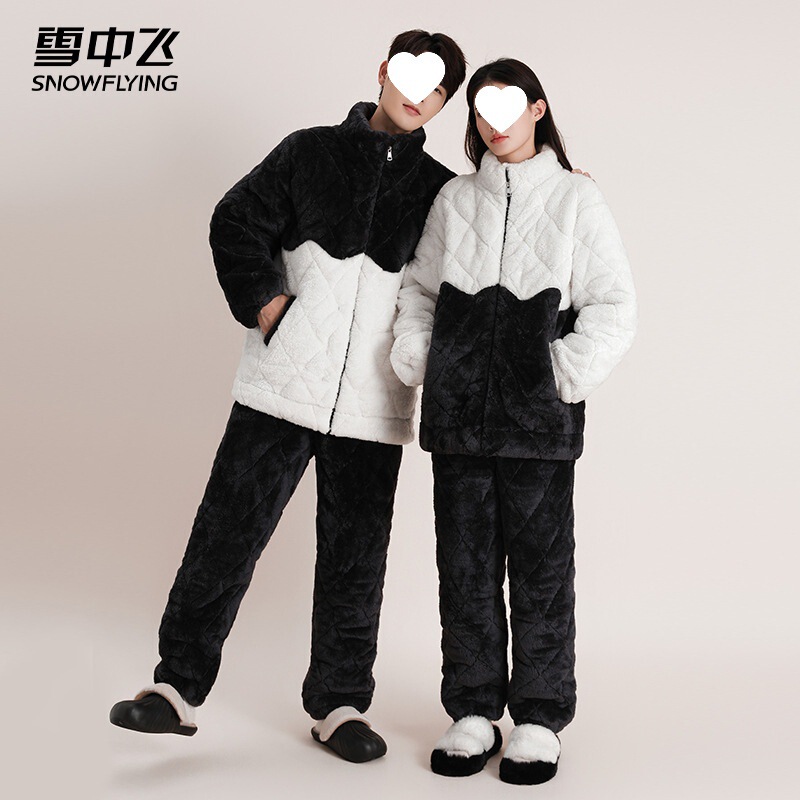 Winter Warm Couple Pajamas Set Three-Layer Quilted Coral Velvet Thickeneded Hunan Home Clothes for Men and Women to Wear Outside