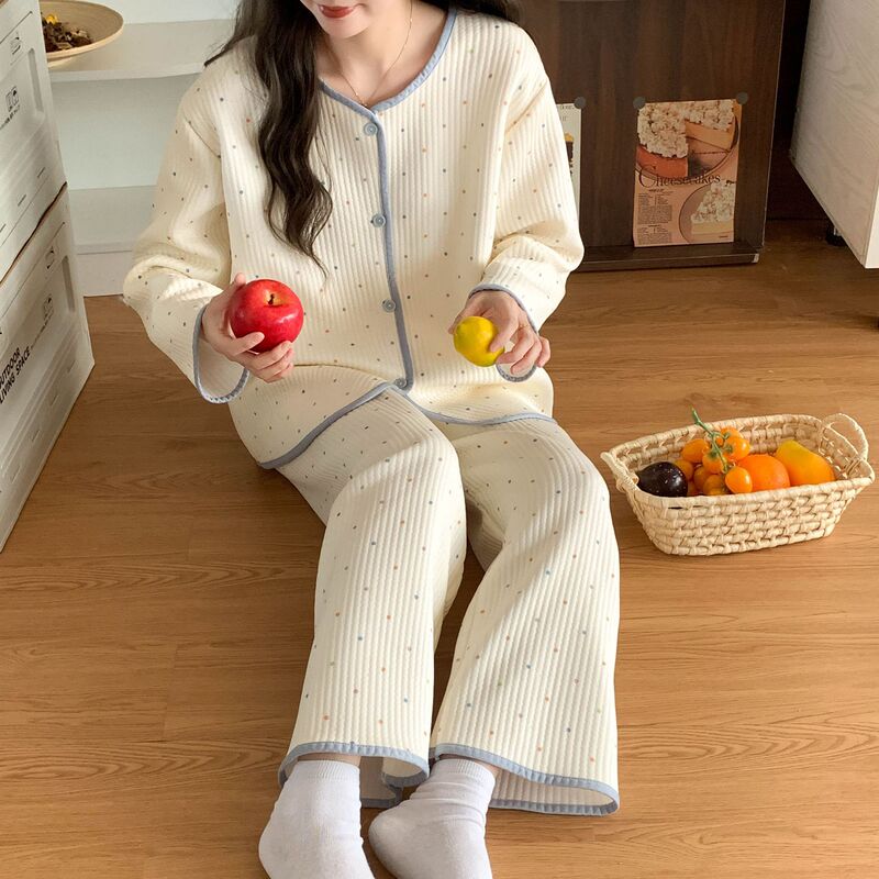 Colorful Polka Dot Small Fragrance Autumn and Winter 2025 High-End Home Wear Air Cotton Pajamas Warm Cardigan Layered Set Colorful Polka Dot Small Fragrance Autumn and Winter 2025 High-End Home Wear Air Cotton Pajamas Warm Cardigan Layered Set