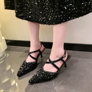 2024 Spring and Summer New Black Sequin Strappy High Heels Women's Stiletto Sandals Pointed Toe Baotou Single Shoes Sexy Sequins_voghion.com