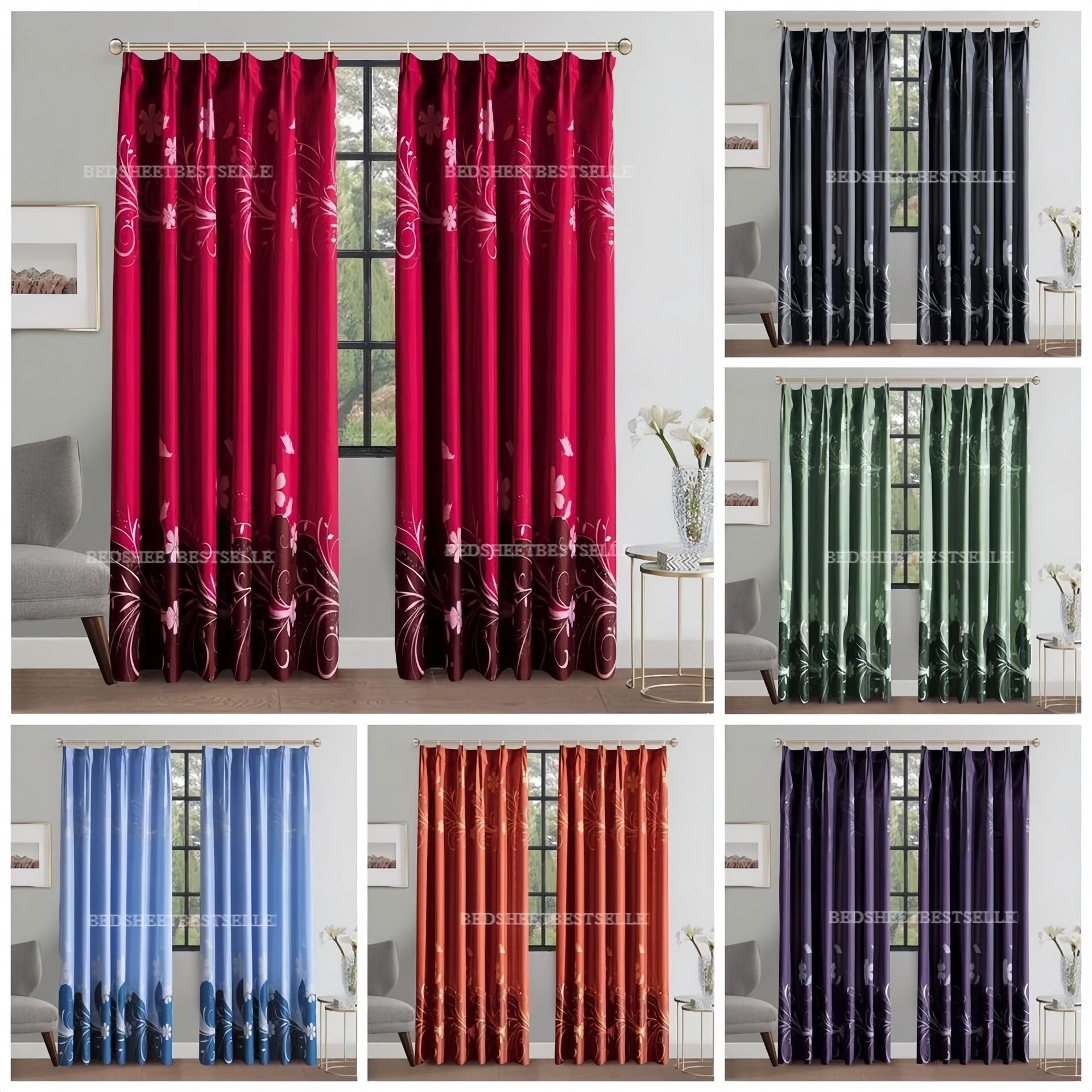 Cross-Border Curtains, No-Drill Blackout Printed Fabric, Cheap Manufacturer from Southeast Asia, Modern Minimalist Finished Product for Bedroom