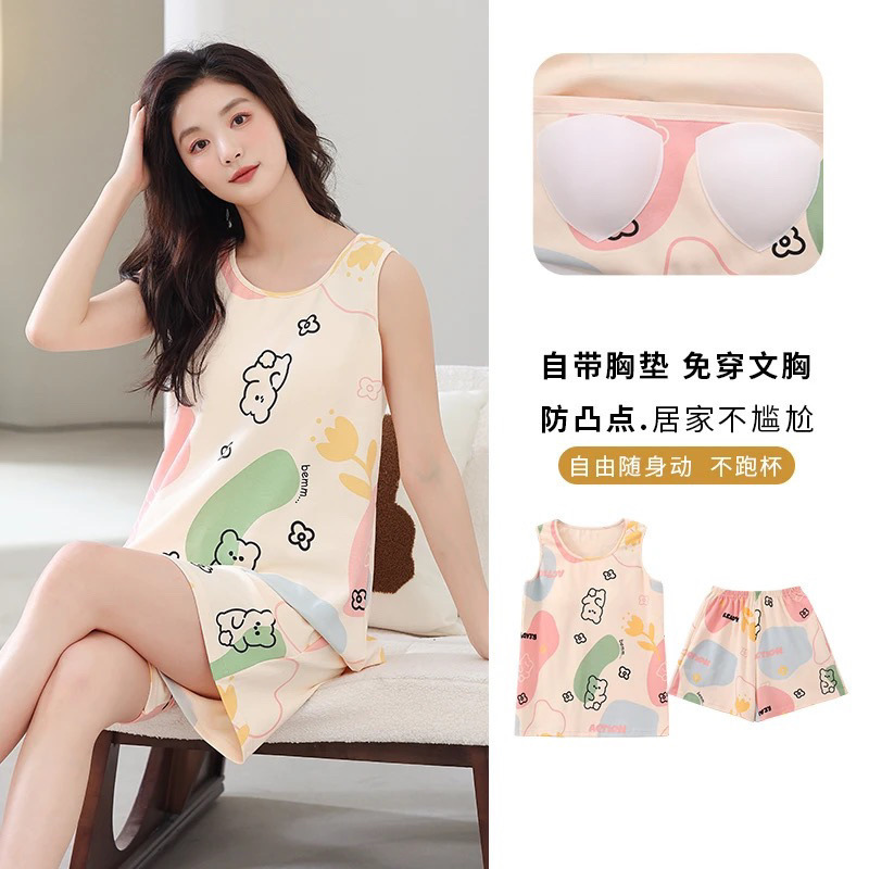 100% Cotton Padded Pajamas for Women Summer 2025 Sleeveless Vest Shorts Bra-Free Home Wear Set