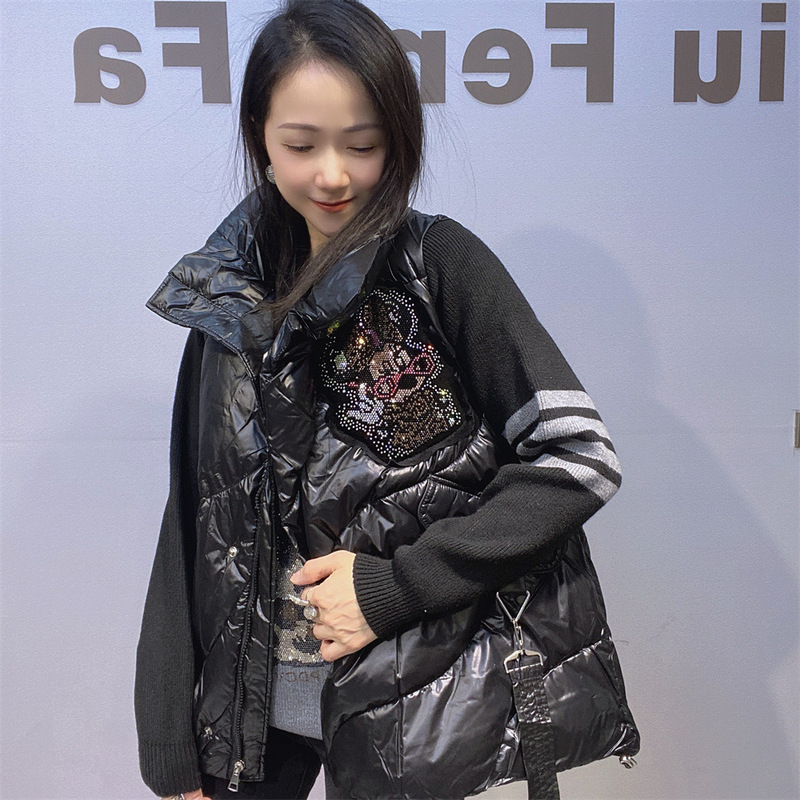 Trendy Women's Heavy-Duty Rhinestone Cotton Vest Zip-Up Cardigan Jacket for Women, New Winter Loose Stylish Vest