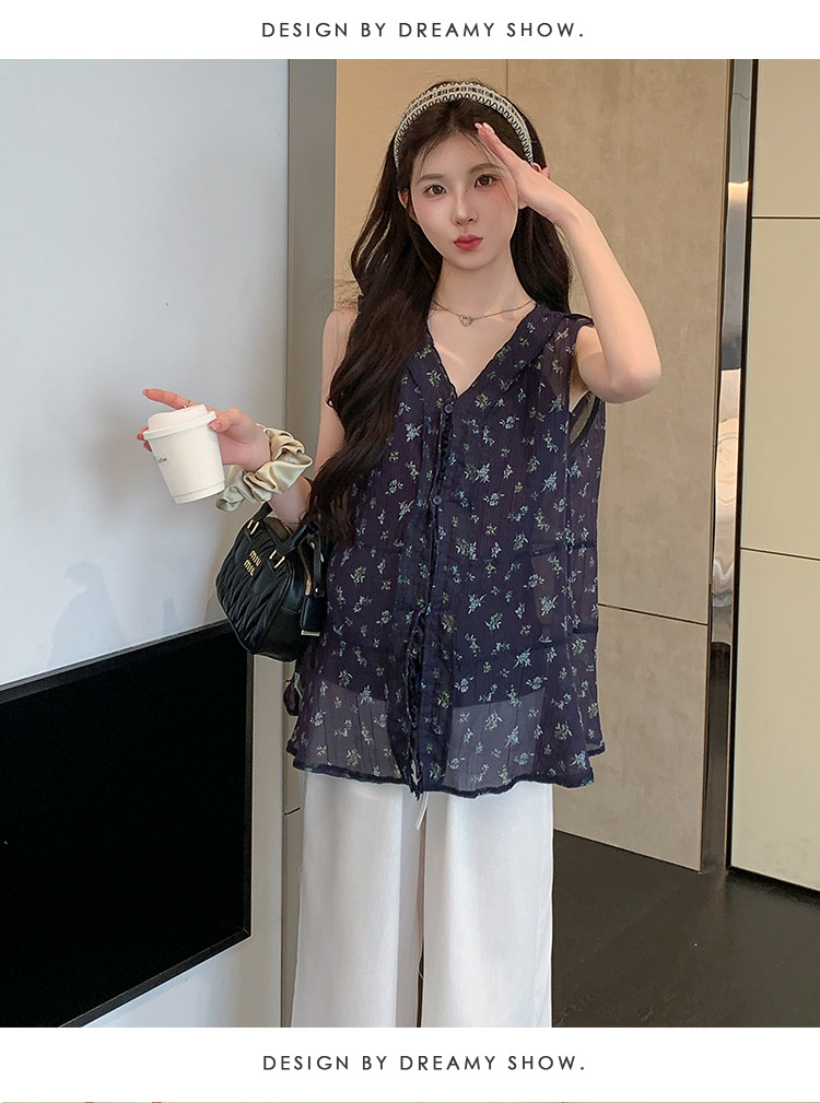 2025 verano nuevo estilo pequeño tirantes florales sin mangas top con volantes pantalones anchos durante el embarazo traje de maternidad