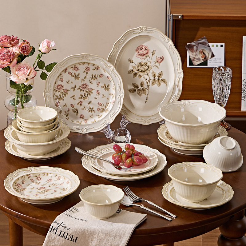 French-Style Embossed Rose Ceramic Tableware Set for Home Use, Bowl and Plate Set, Housewarming Gift, Ceramic Tableware Bowl, Housewarming Gift French-Style Embossed Rose Ceramic Tableware Set for Home Use, Bowl and Plate Set, Housewarming Gift, Ceramic Tableware Bowl, Housewarming Gift