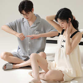 夏季情侣睡衣纯棉短袖性感吊带套装薄可爱卡通一男一女夏天家居服
