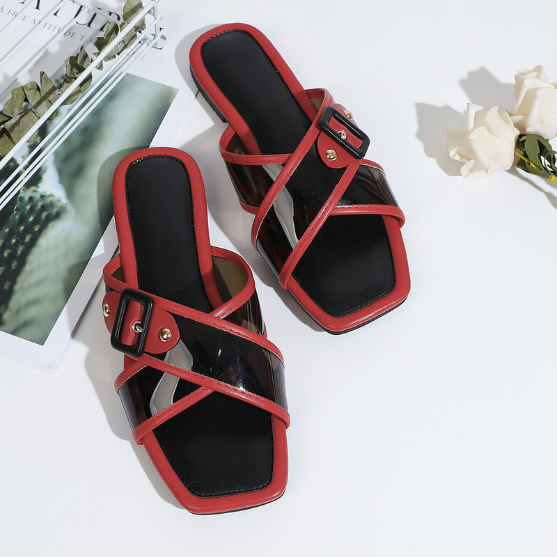 Korean Style Women's Shoes Square Toe Cross Strap Belt Buckle Sandals Glass Glue Soft Leather Retro Flat Slippers Outer Wear Slippers