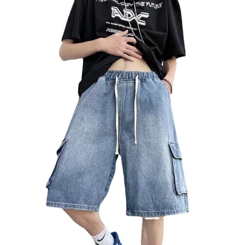 Summer Trend Workwear Denim Shorts for Men Korean Style Streetwear Loose Wide Leg Straight Leg Pants Stylish Casual Five-Finger Pants