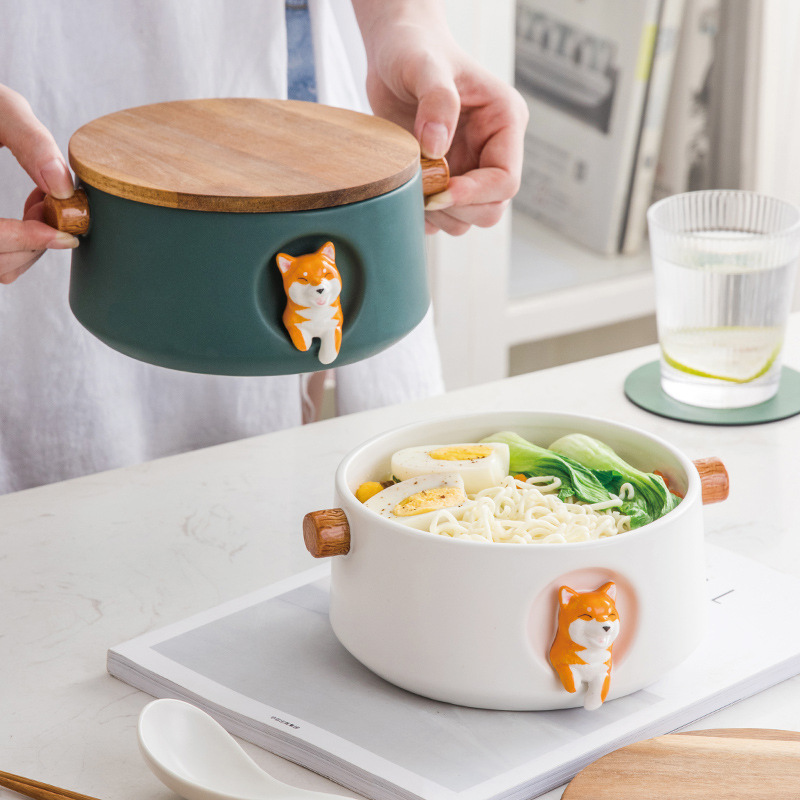 Cerámica tazón de fideos instantáneos con tapa Shiba Inu gran estudiante dormitorio fideos instantáneos taza tazón set Bento caja regalo