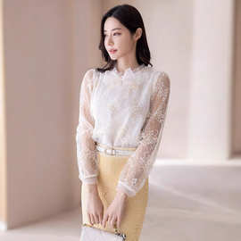 2025新款春装长袖设计感洋气上衣小衫女法式蕾丝衫女优雅荷叶边