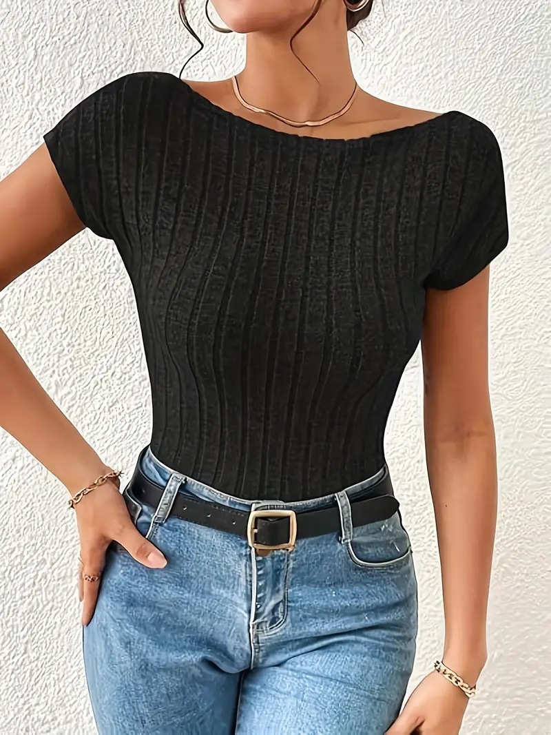 new sexy slim backless short top wide striped fleece short-sleeved T-shirt for women_senzul.com