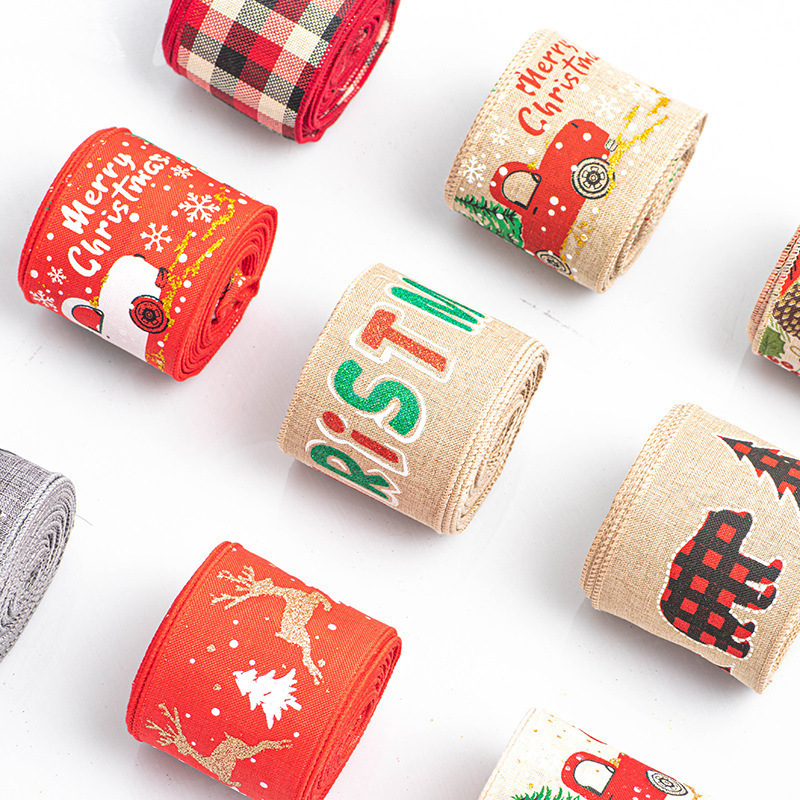 Christmas Ribbon Imitation Linen Webbing Christmas Tree Car Plaid Reindeer Bronzing Strap Garland Bow Display Box