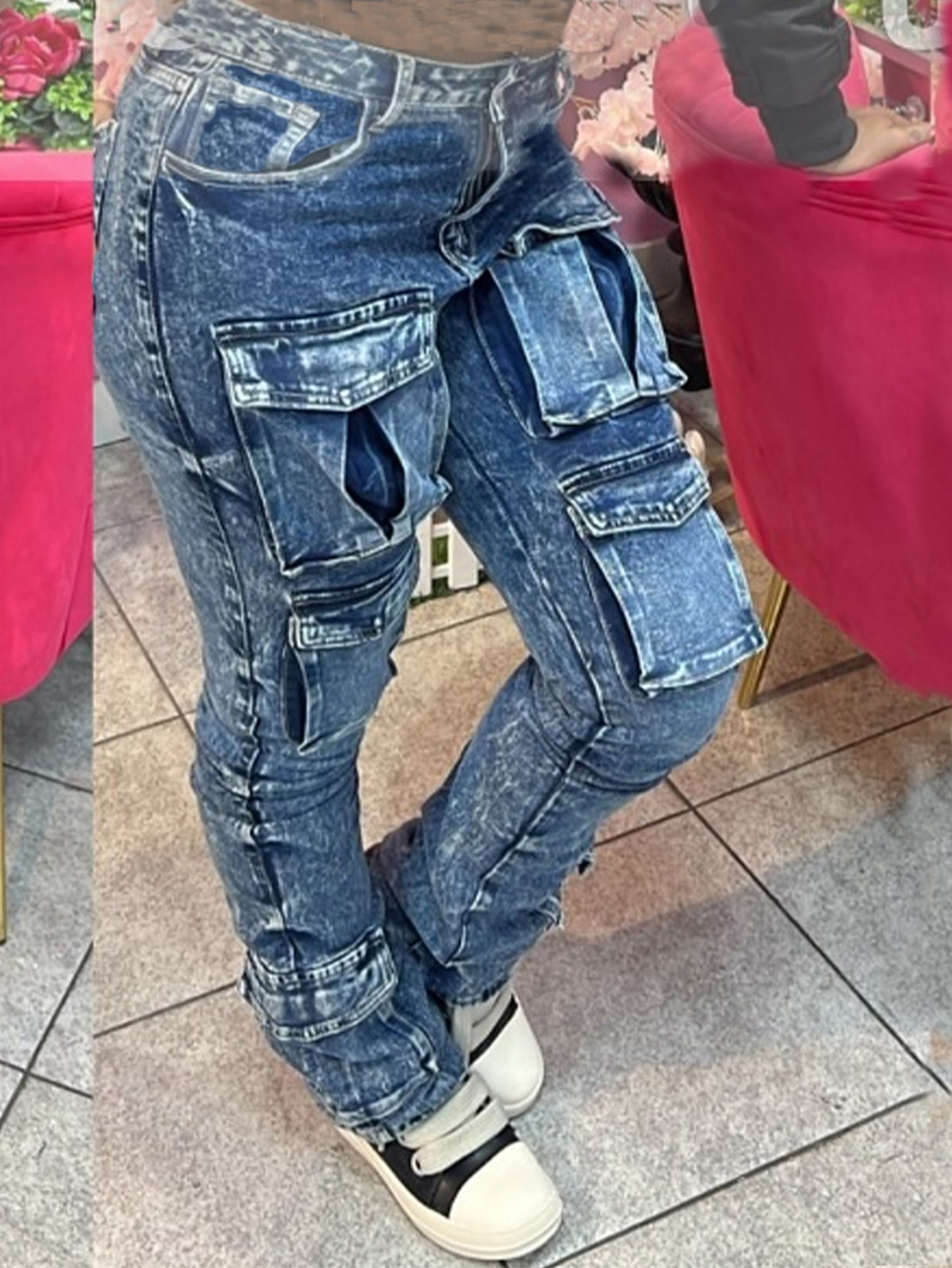 Women's Stacked Cargo Jeans – Stretch Denim Wide-Leg Pants With Utility Pockets (S-XL, Blue)_mkmklike.com