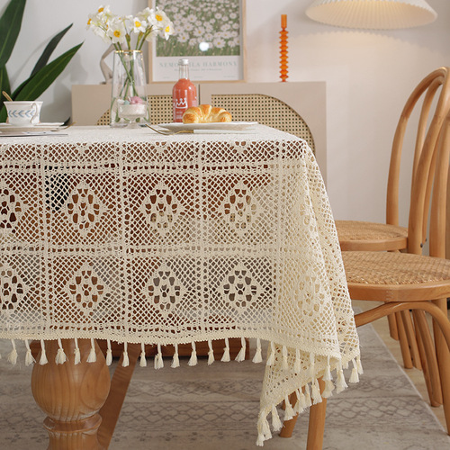 American retro crochet tablecloth woven hollow tablecloth non-slip cover tablecloth beige hollow cloth placemat