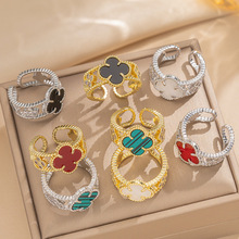 戒指跨境欧美小众高级感轻奢四叶草锆石戒指女复古开口可调节戒指