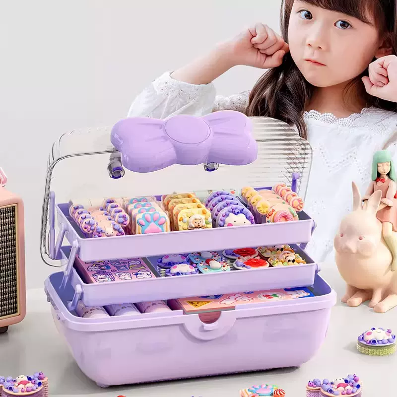 手工整理桌面可爱透明紫色蝴蝶结发饰少女收纳盒旋转儿童咕卡文具