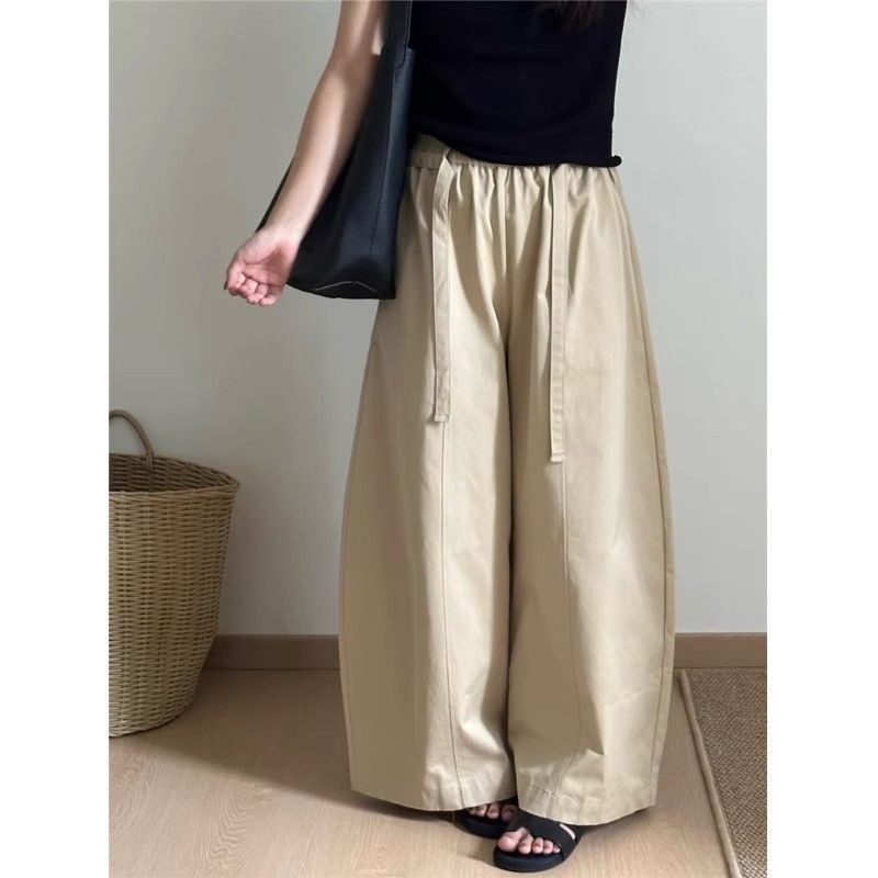 设计感抽绳纯色高腰休闲裤女装2025秋季新款宽松显瘦弯刀裤九分裤|undefined