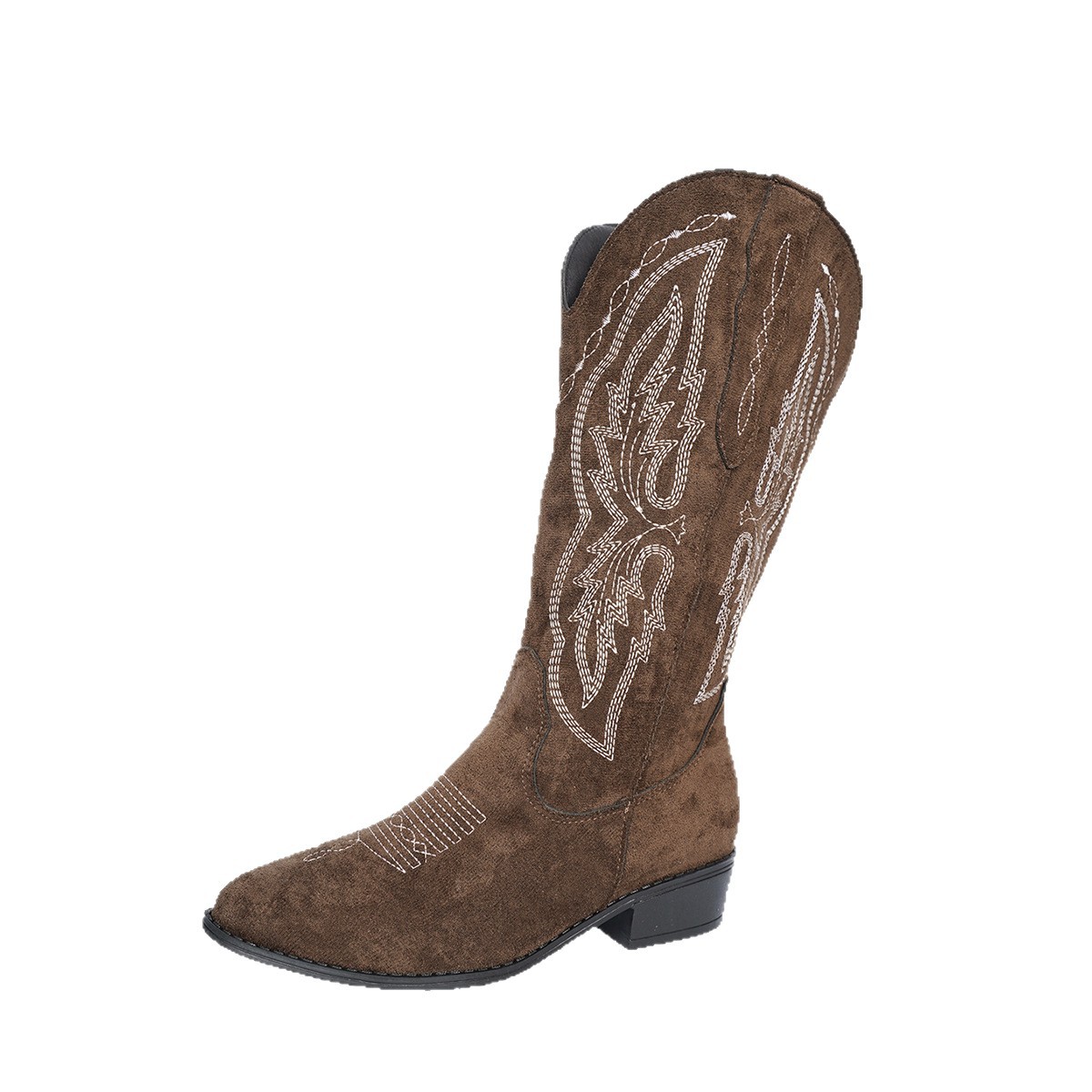 Women's Pointed Toe Embroidered Slip-On Boots Winter Plus Size Chunky Heel Suede Ethnic Riding Boots_voghion.com