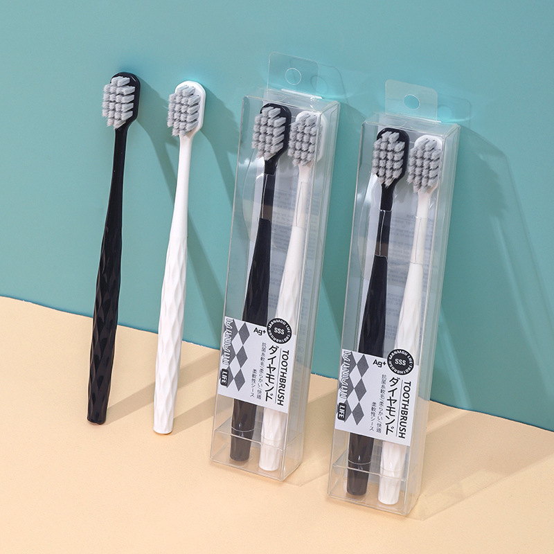 Stylish Minimalist Silver Ion Antibacterial Soft Bristle Wide Head Toothbrush, Pack of 2, Home Black and White Couple Set for Gum Protection