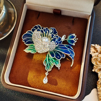 Chinese Style Enamel Peony Flower Brooch Light Luxury Retro High-end Flower Corsage Pressure Breasted Clothing Pin Hanfu Accessories (Yaxa sancaqları) - peony-flower-brooch-blue