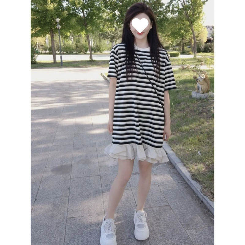 Летнее платье в стиле пэчворк с полосками, модный повседневный короткий фасон с круглым вырезом, новая дизайнерская коллекция European Station 2025.